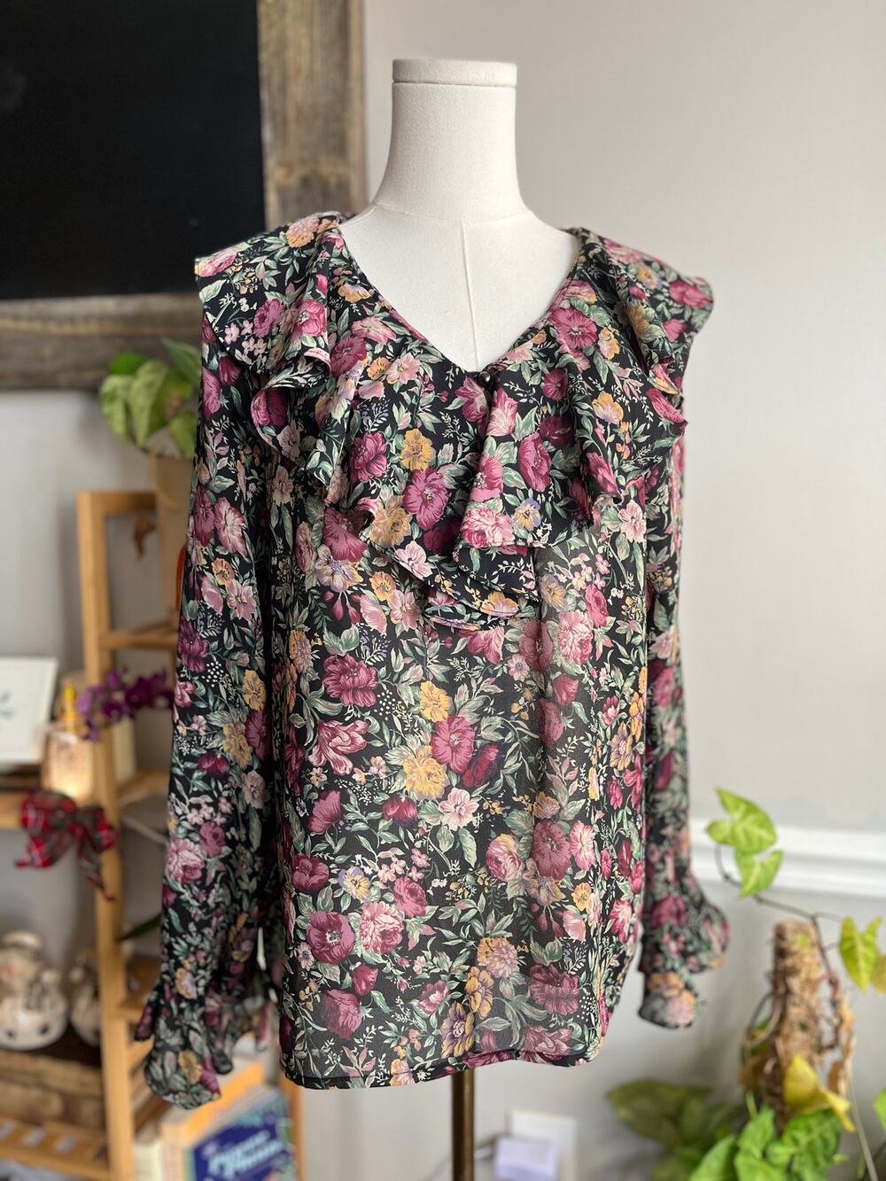 Vintage 90s Regency Blouse Dark Floral Sheer Ruffle Neck Size Medium